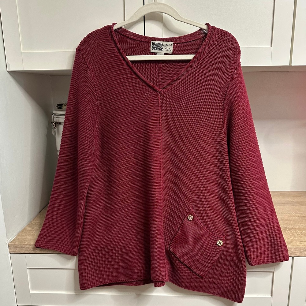 Habitat Clothes To Live In Sweater Womens M Red V-Neck Knit Pocket Asymmetrical